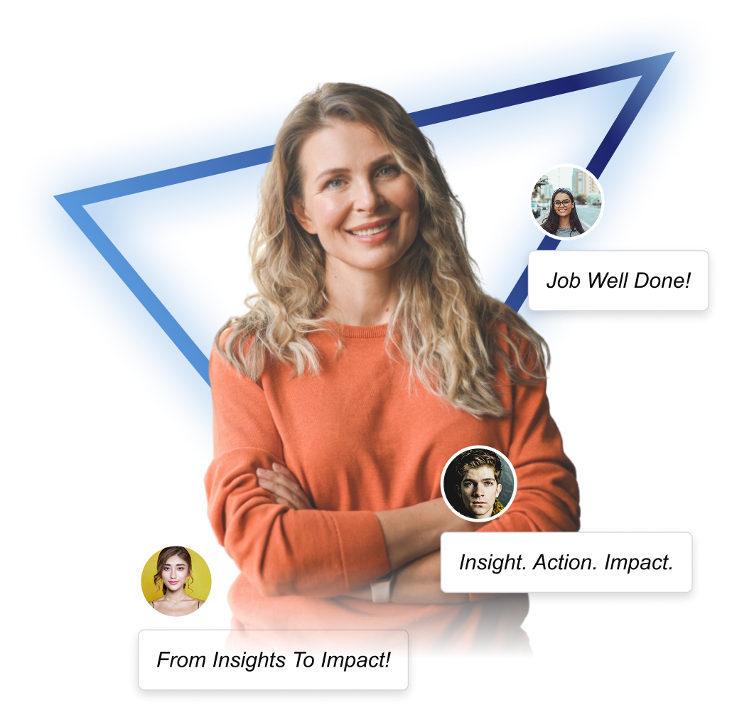 Woman standing with arms crossed smiling in front of triangle surrounded by engagement bubbles
