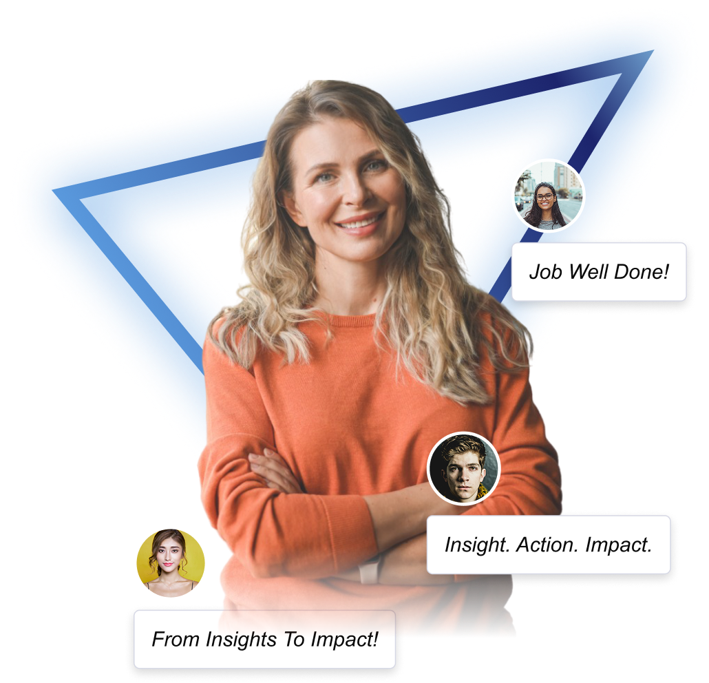 Woman standing with arms crossed smiling in front of triangle surrounded by engagement bubbles