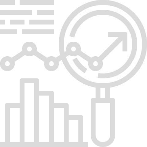 A white icon with a magnifying glass and graphs.